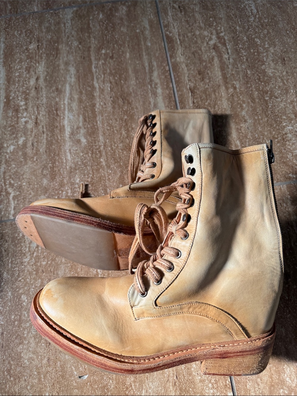 Free People Women's Leather Lace-Up Combat Boots in Light Tan